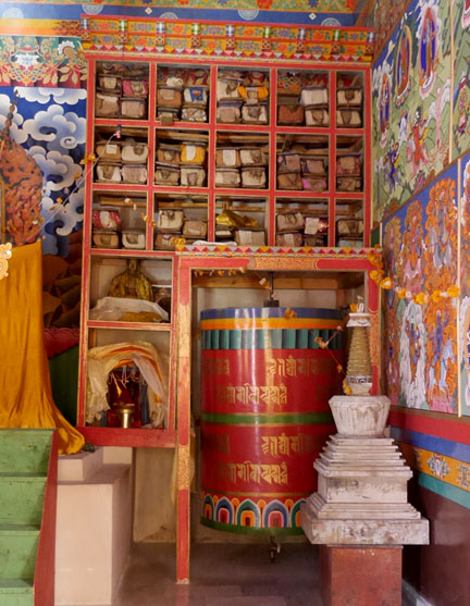 Kangyur library, and mani wheel known to rotate on its own on auspicious Buddhist days, Tayul Monastery, Lahaul