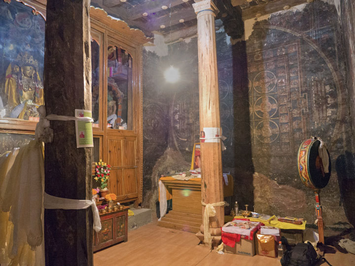 Interior of Nangbarnangzad, Mangyu Monastery, with Indo-Tibetan sculptures and wall paintings, Ladakh. Visible on right is Vajradhatu Mandala.
