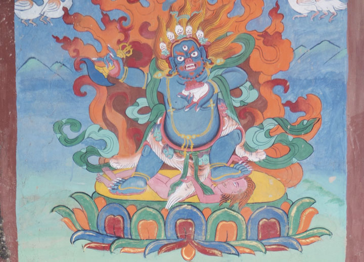 Repainted Mahakala above entrance door of Vairocana Temple, Mangyu Monastery, Ladakh.