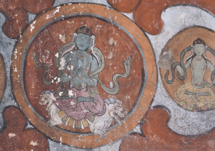 Detail of Vajradhatu mandala, Mangyu Monastery, Ladakh. Stylistically different, this was probably repainted over the ca. 11th century original Indo-Tibetan work by Kashmiri artists.