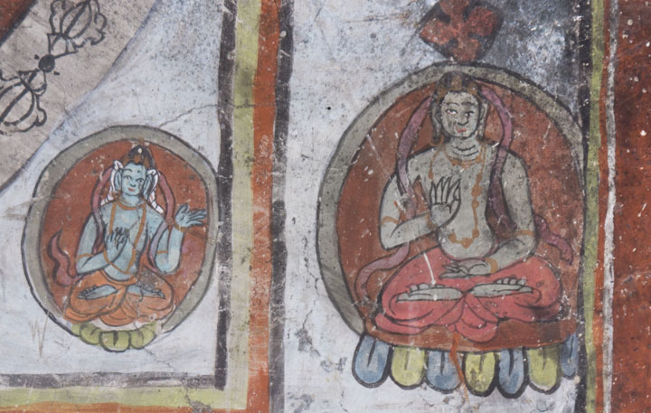 Detail of Vajradhatu mandala, Mangyu Monastery, Ladakh. Stylistically different and lacking in refinement, this is strong evidence of repainting over original Indo-Tibetan art.