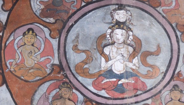 Detail of Vajradhatu mandala, Nangbarnangzad, Mangyu Monastery, Ladakh. Once again, stylistic and quality differences indicate repainting over Indo-Tibetan originals.