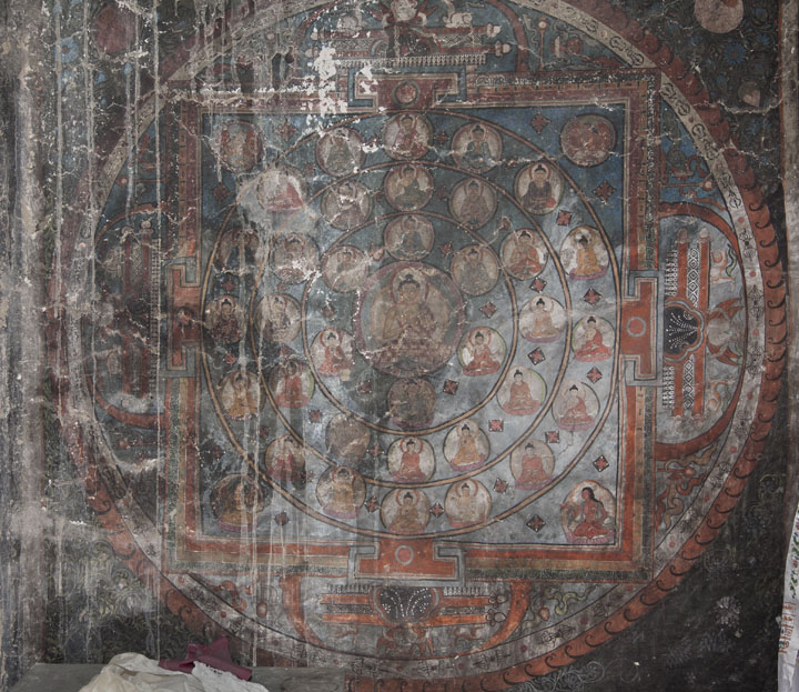 Buddha mandala, Nangbarnangzad, Mangyu Monastery, Ladakh. Stylistic and quality differences indicate repainting over Indo-Tibetan originals.