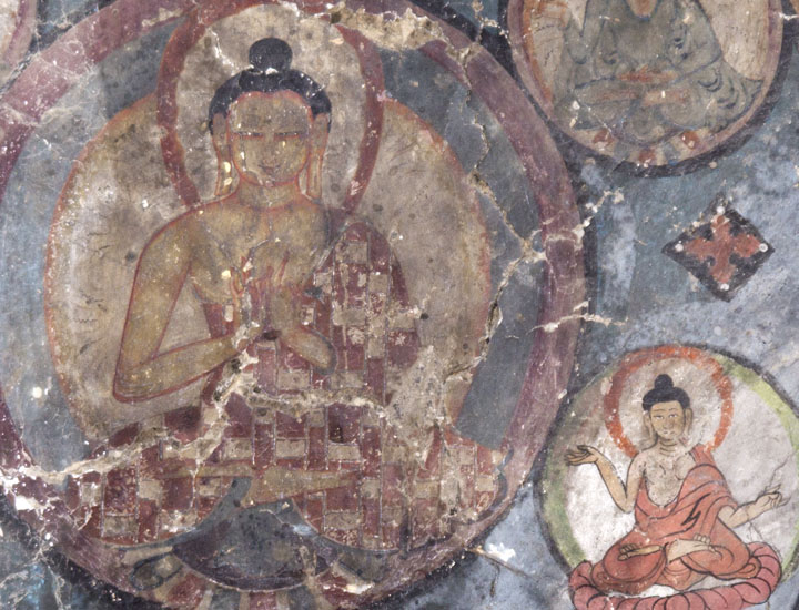Detail of Buddha mandala, Nangbarnangzad, Mangyu Monastery, Ladakh. The central Buddha looks original, but at lower left, stylistic and quality differences indicate repainting over Indo-Tibetan originals.