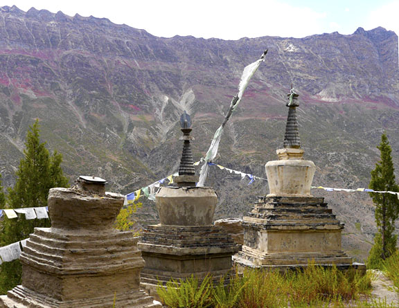 Ancient stupas on walking trail en route to Tayul Monastery, opposite Drilbu Ri Mountain, Lahaul, India
