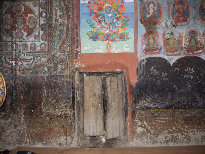 The entrance wall of Nangbarnangzad, Mangyu Monastery, Ladakh. Wall paintings here are mostly repainted over ca.11th century originals.