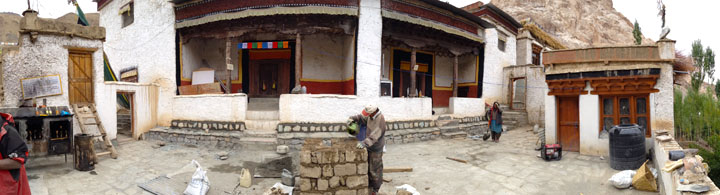 Panorama of Mangyu Monastery with Chenrezig Lhakhang on left, Nangbarnangzad (Vairocana temple) on right, together flanked by Chamba Lhakhangs of Maitreya and Jambeyang sculptures, Ladakh