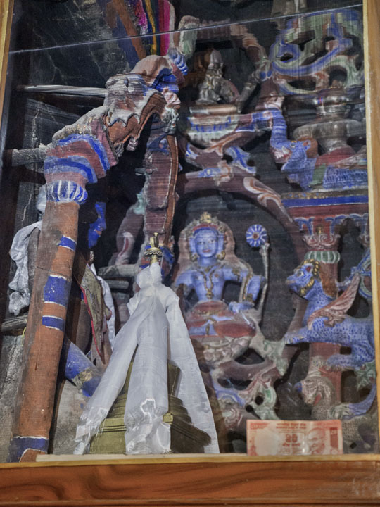 Detail of ornate scrollwork, animals and figurines, rare 11th century Indo-Tibeta clay sculptures, altar of Nangbarnangzad, Mangyu Monastery, Ladakh