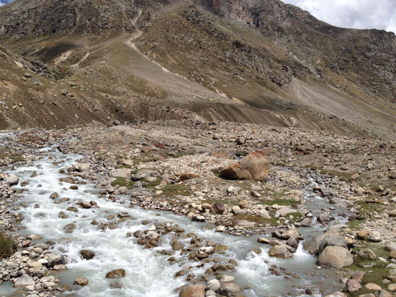 Often the road in Spiti is nothing more than rocky terrain in which one must ford a glacial stream.